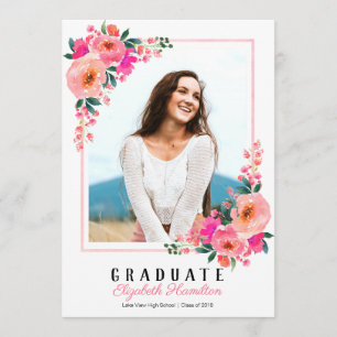 Pink Floral Frame Graduation Announcement Photo