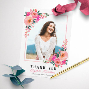 Pink Floral Frame Graduation Photo Thank You Card