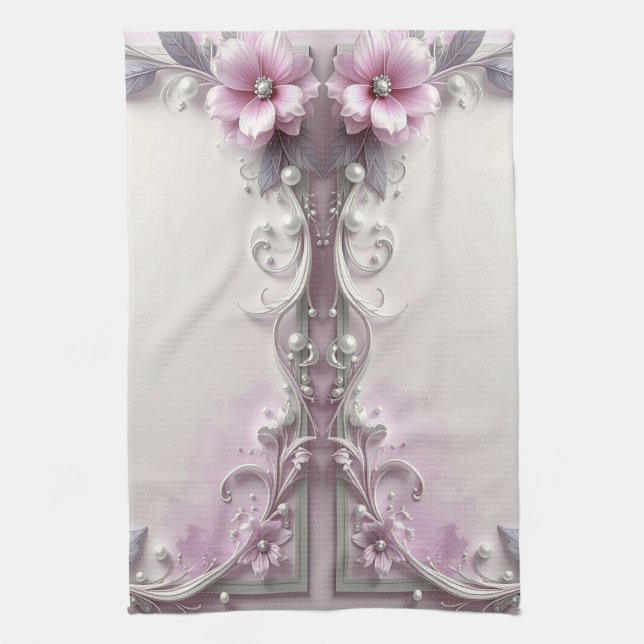 Pink Floral Frame Kitchen Towel (Vertical)