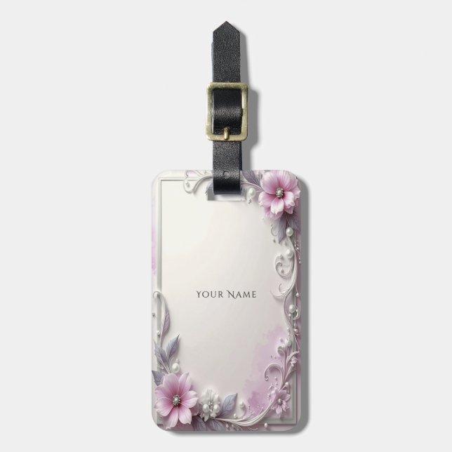 Pink Floral Frame Luggage Tag (Front Vertical)