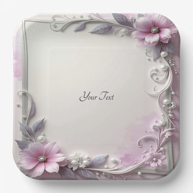 Pink Floral Frame Paper Plate (Front)