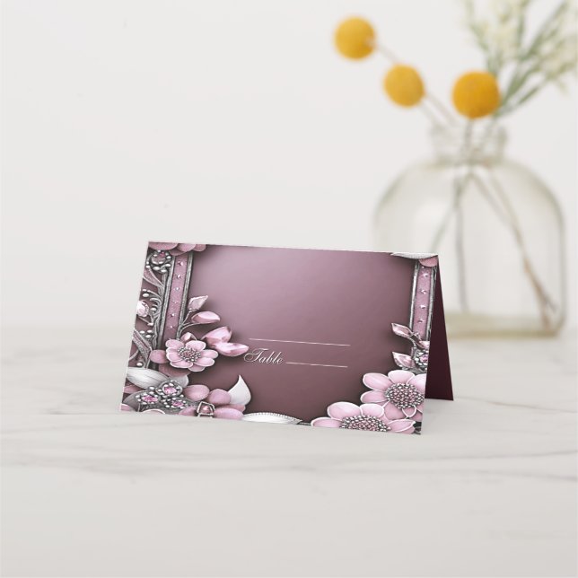 Pink Floral Frame Place Card (Front)