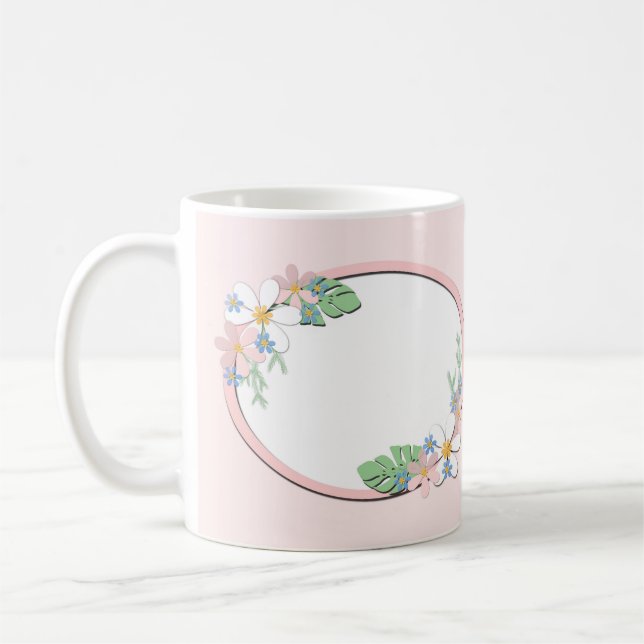 Pink floral frame round kids spring cute customiza coffee mug (Left)