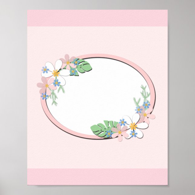 Pink floral frame round kids spring cute customiza poster (Front)