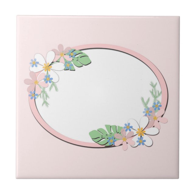 Pink floral frame round kids spring cute customiza tile (Front)