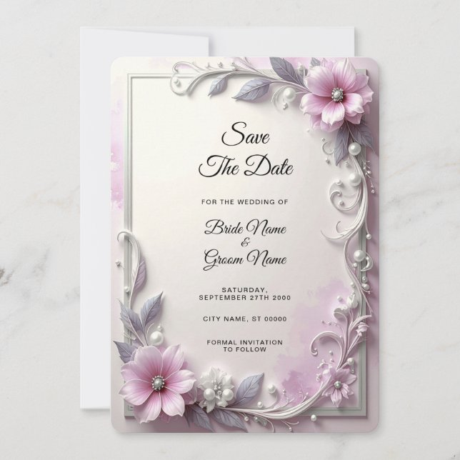 Pink Floral Frame Save The Date (Front)