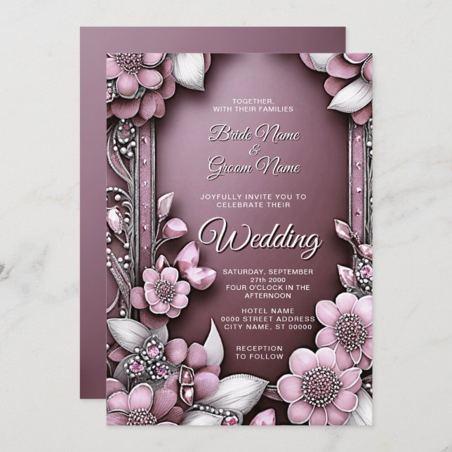 Pink Floral Frame Wedding Invitation (Front/Back)