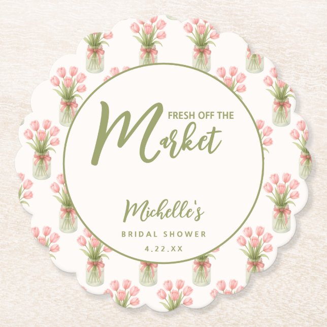 Pink Floral Fresh Off The Market Bridal Shower  Paper Coaster (Front)