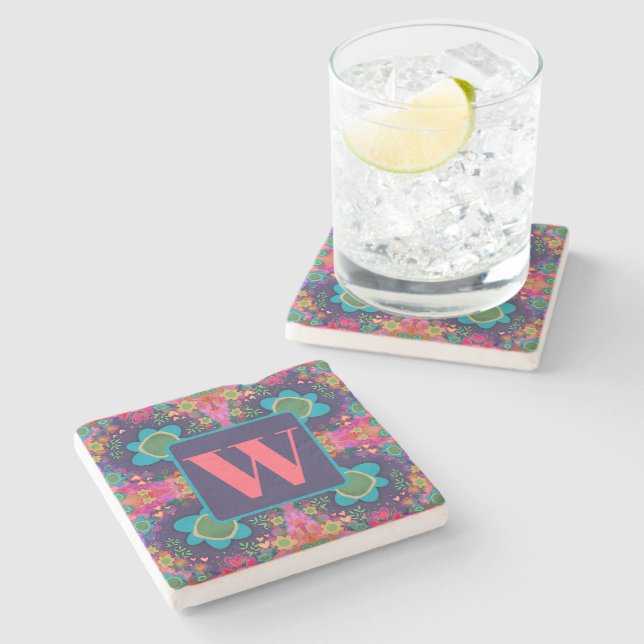 Pink Floral Fun Pattern Pretty Custom Initial  Stone Coaster (Side)