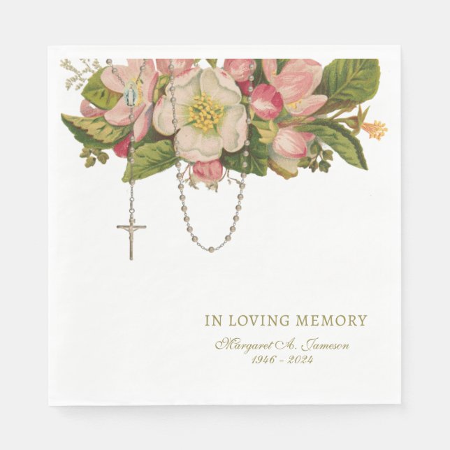 Pink Floral Funeral Catholic Rosary Memorial  Napkin (Front)