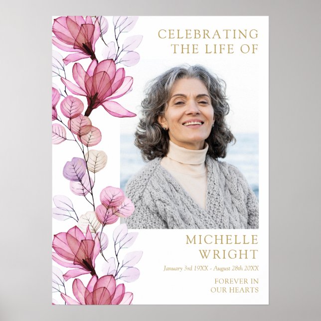 Pink Floral Funeral Celebration Of Life Photo Sign (Front)