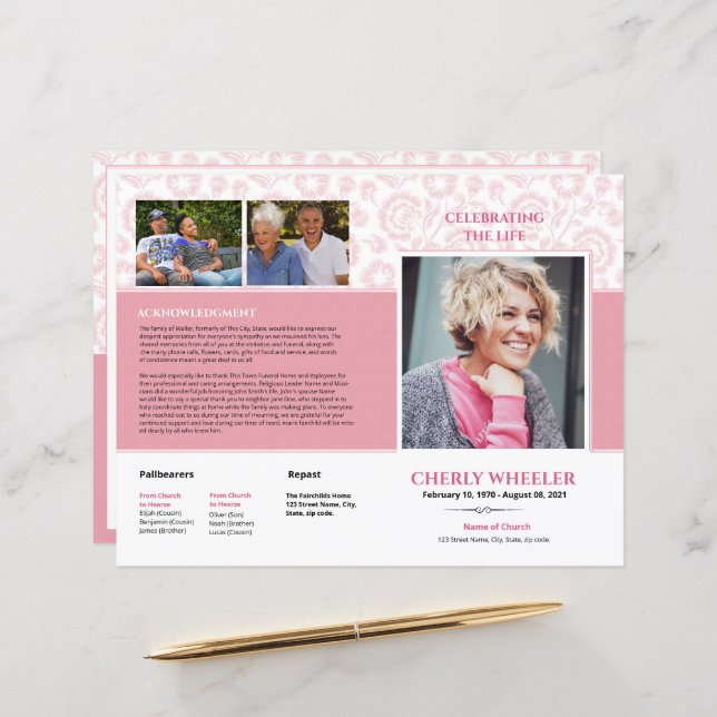 Pink Floral Funeral Program Template (Front/Back In Situ)
