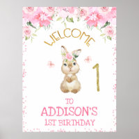 Pink Floral Furry Bunny First Birthday Welcome