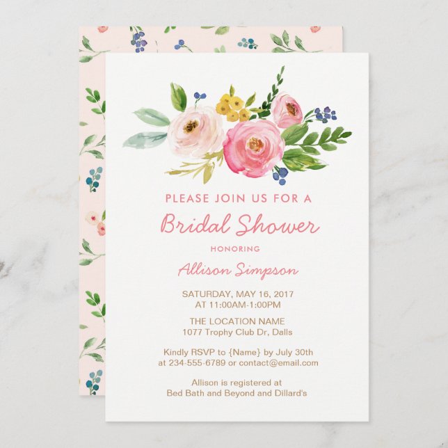 Pink Floral Garden Bridal Shower Invitation Cards (Front/Back)