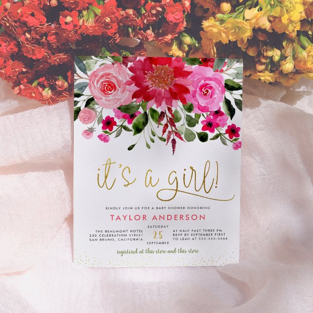 Pink Floral Garden Greenery Its A Girl Baby Shower Invitation Postcard (Creator Uploaded)