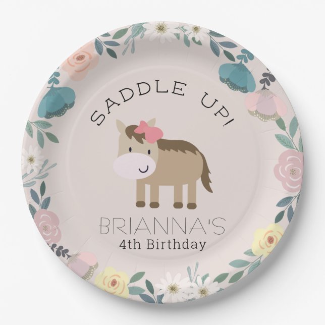 Pink Floral Garden Horse Girl Birthday Paper Plate (Front)