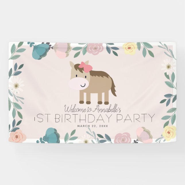 Pink Floral Garden Horse Girl Birthday Welcome Banner (Horizontal)