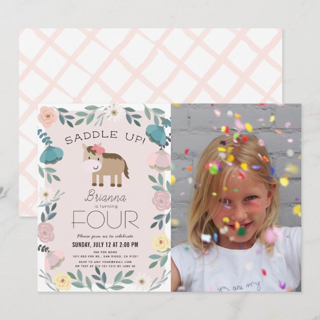 Pink Floral Garden Horse Girl Photo Birthday Invitation (Front/Back)