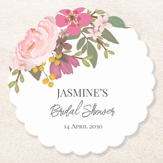 Pink Floral Garden Spring Bridal Shower  Paper Coaster (Front)