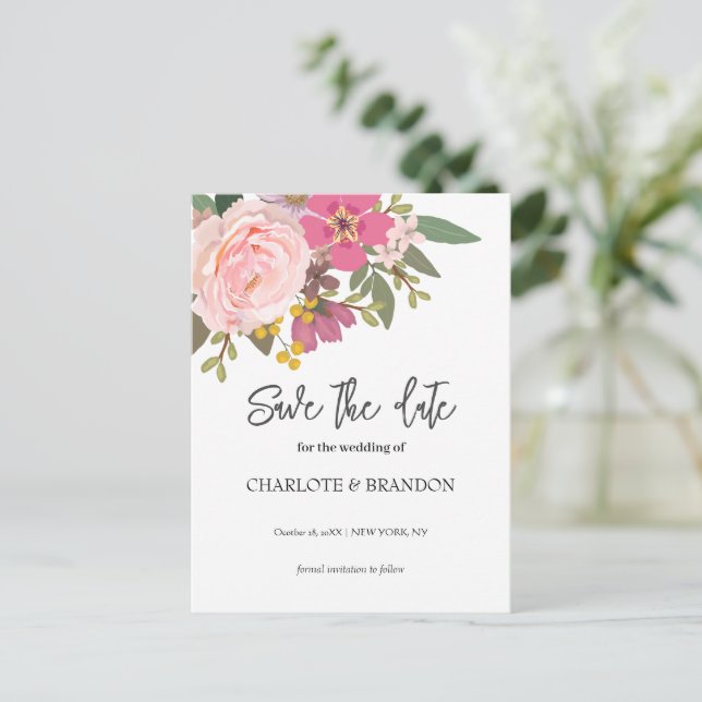 Pink Floral Garden Spring  Wedding Save the Date  Postcard (Standing Front)
