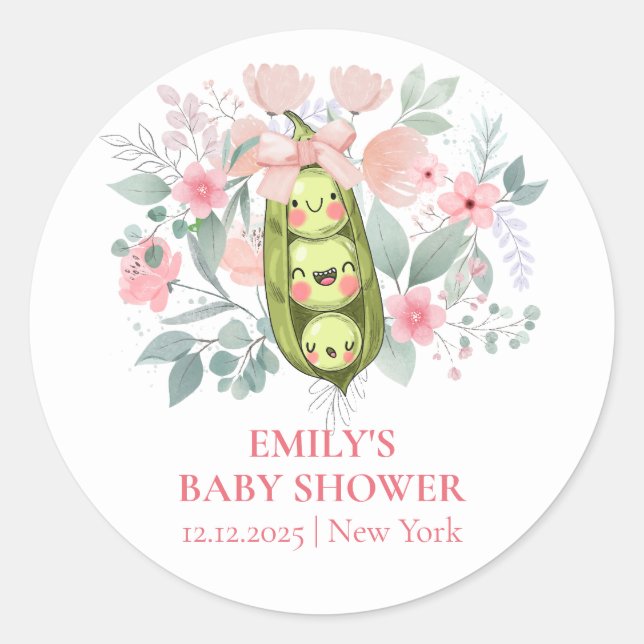 Pink Floral Garden Sweet Pea In Pod Baby Shower  Classic Round Sticker (Front)
