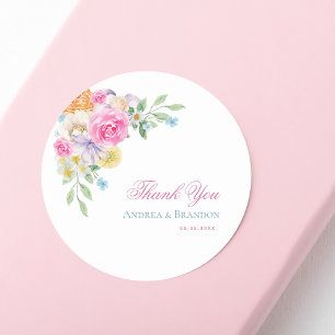 Pink Floral Garden Tea Party Wedding Thank You Classic Round Sticker