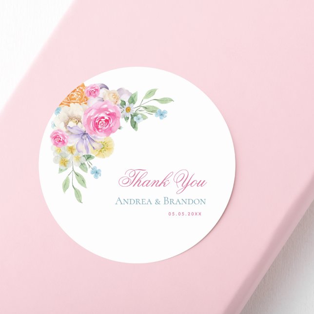 Pink Floral Garden Tea Party Wedding Thank You Classic Round Sticker (Creator Uploaded)