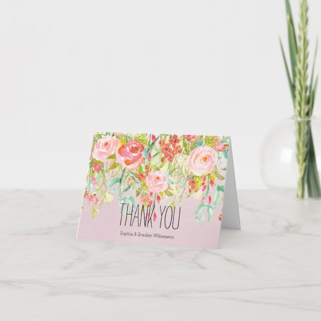 Pink Floral Garden Watercolor Thank you Card (Front)