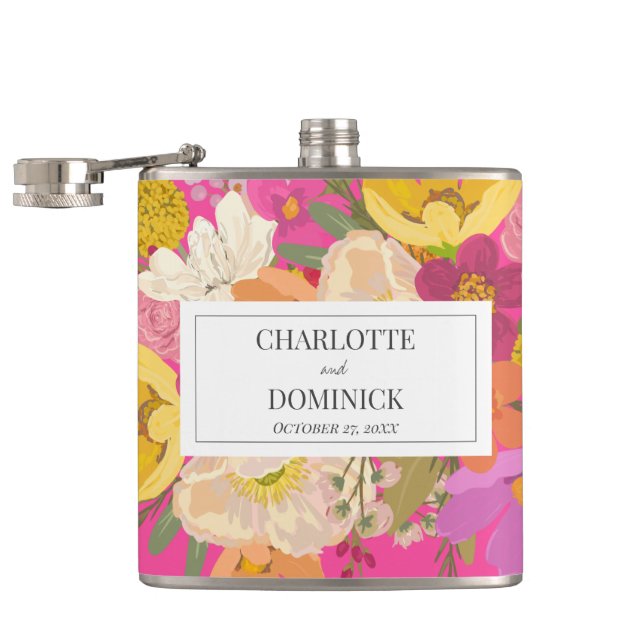 Pink Floral Garden Wedding Couples Names  Hip Flask (Opened)