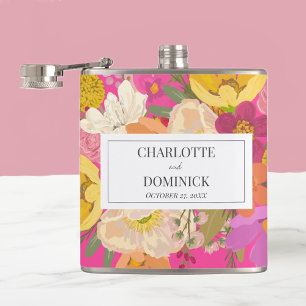 Pink Floral Garden Wedding Couples Names  Hip Flask