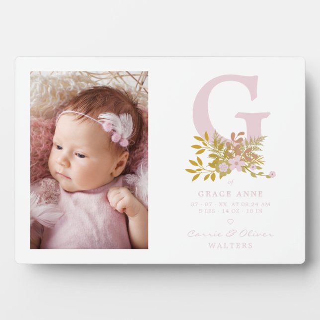 Pink Floral Garland Initial Baby Newborn Name Plaque (Front)