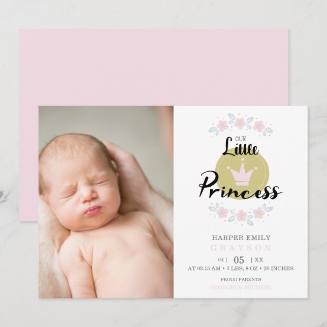 Pink Floral Garland Princess Crown Newborn Girl Announcement (Front/Back)