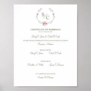 Pink Floral Garland Symbolyc Wedding Certificate Poster