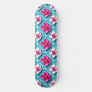 🌸 Pink Floral Geo Blue Modern Art Skate Style 🌸 Skateboard