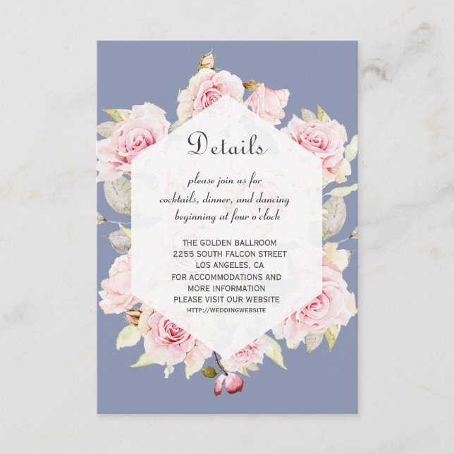 Pink Floral Geometric Dusty Blue Wedding Details Enclosure Card (Front)