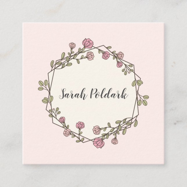 Pink Floral Geometric Monogram Square Business Card (Front)