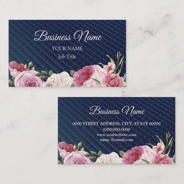 Pink Floral Geometric Navy Blue Elegant Business Card (Front/Back)