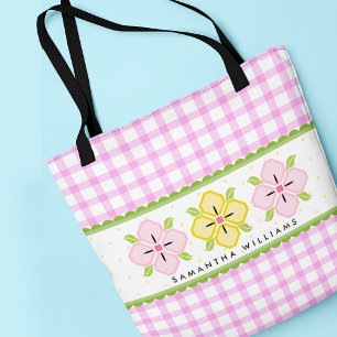 Pink Floral Gingham Monogram Tote Bag