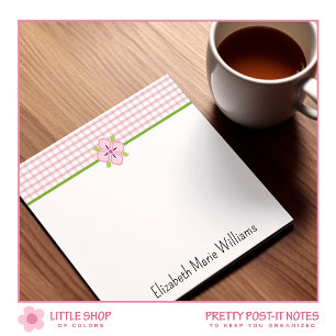 Pink Floral Gingham Pattern Personalised Post-it Notes