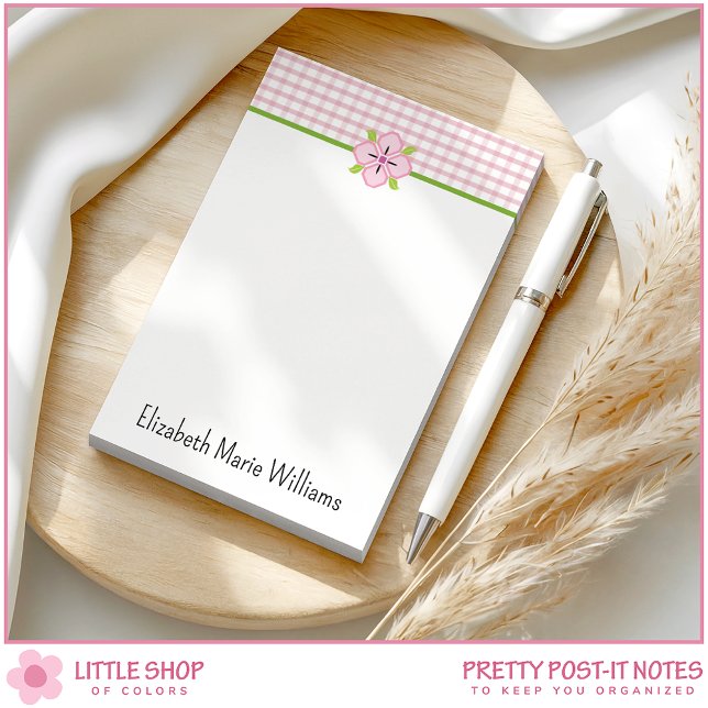 Pink Floral Gingham Personalised Post-it Notes (Creator Uploaded)