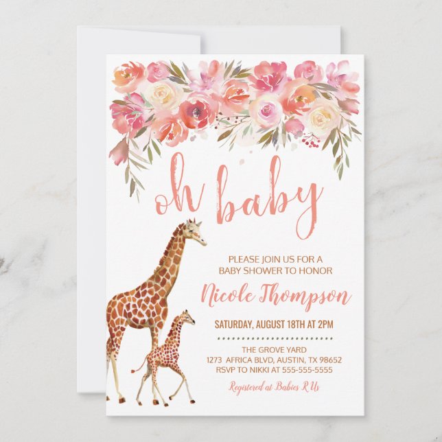 Pink Floral Giraffe Baby Shower Invitation (Front)