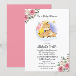 Pink Floral Giraffe Mum Baby Shower   Invitation