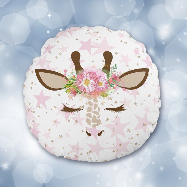 Pink Floral Giraffe on Stars Round Cushion (Creator Uploaded)