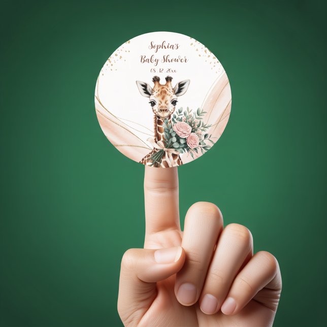 Pink Floral Giraffe Safari Baby Shower Favour Stic Classic Round Sticker (Creator Uploaded)