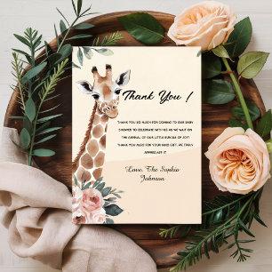 Pink Floral Giraffe Safari Baby Shower Thank You Card