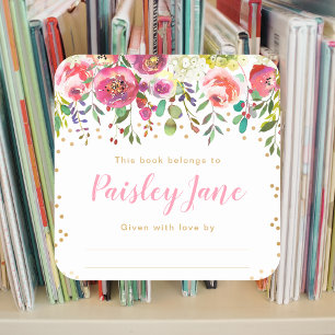Pink Floral Girl Baby Shower Bookplate Square Sticker