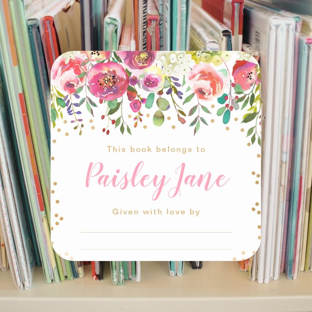 Pink Floral Girl Baby Shower Bookplate Square Sticker (Creator Uploaded)