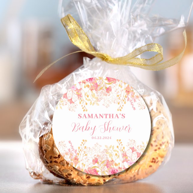 Pink Floral Girl Baby Shower Classic Round Sticker (Creator Uploaded)