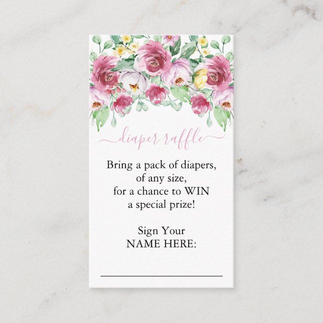 Pink Floral Girl Baby Shower Diaper Raffle Enclosure Card (Front)