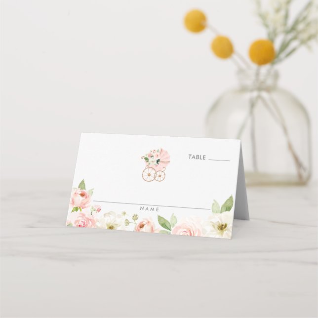 Pink Floral Girl Baby Shower Folded Place Card (Front)
